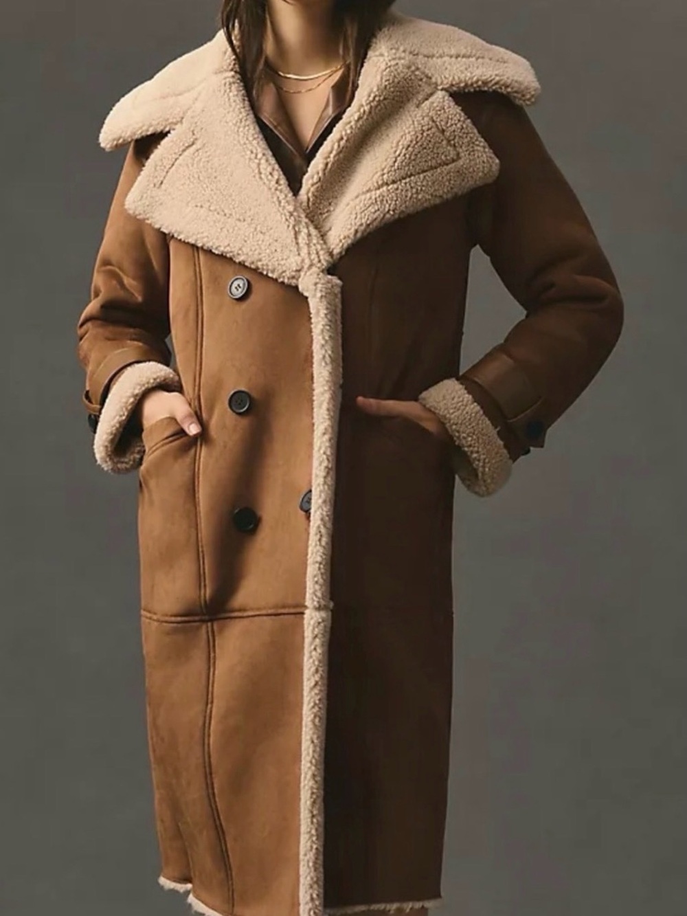 Avec Les Filles Brown Shearling Coat with Cream Trimmed Collar